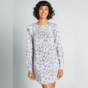 Modcloth Floral Prairie Doll Mini Dress Ruffle Shoulder Purple Blue L NWT